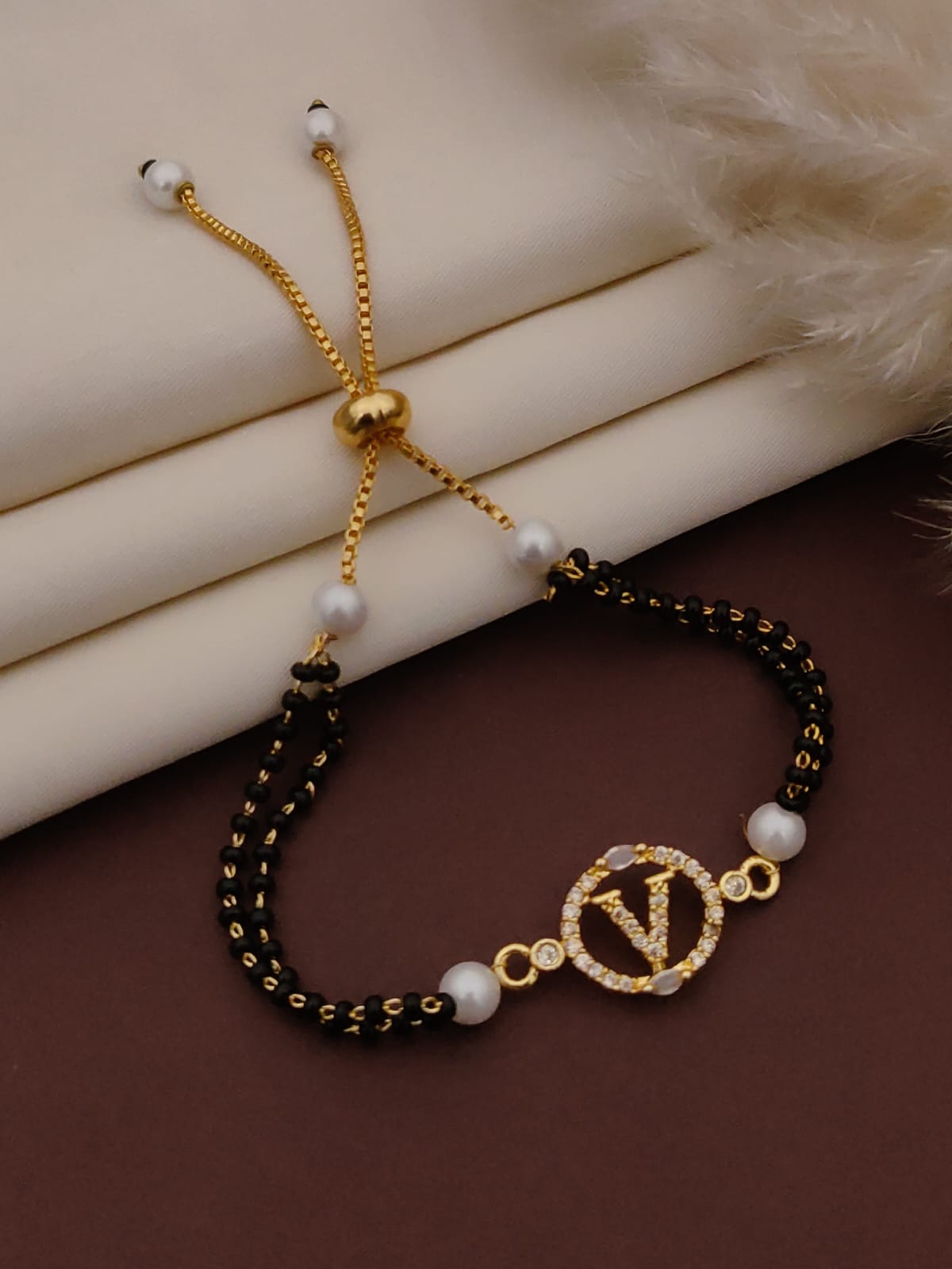 Mangalsutra Bracelet – Gold Toned with Black Beads & Pearls