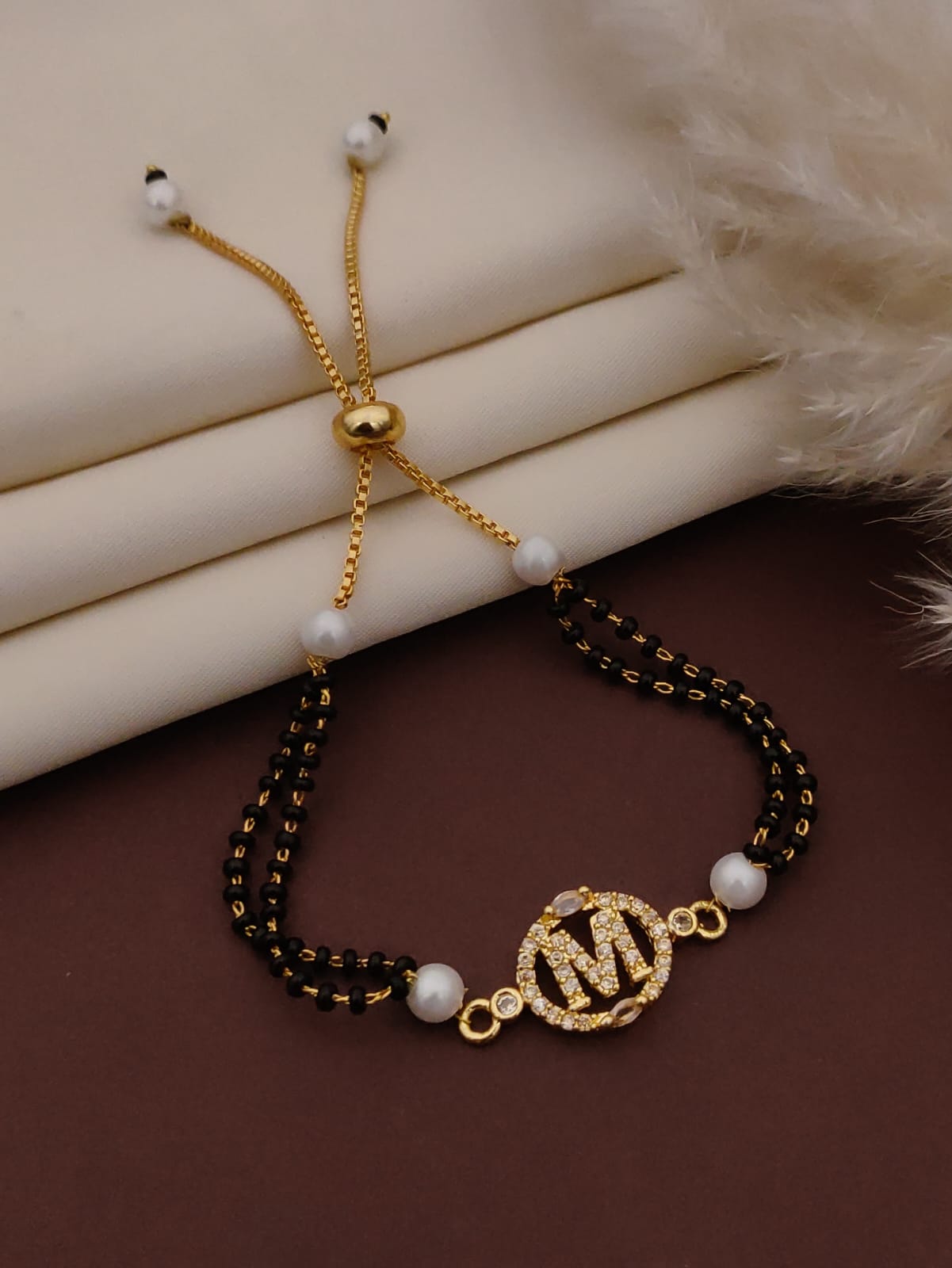 Mangalsutra Bracelet – Gold Toned with Black Beads & Pearls