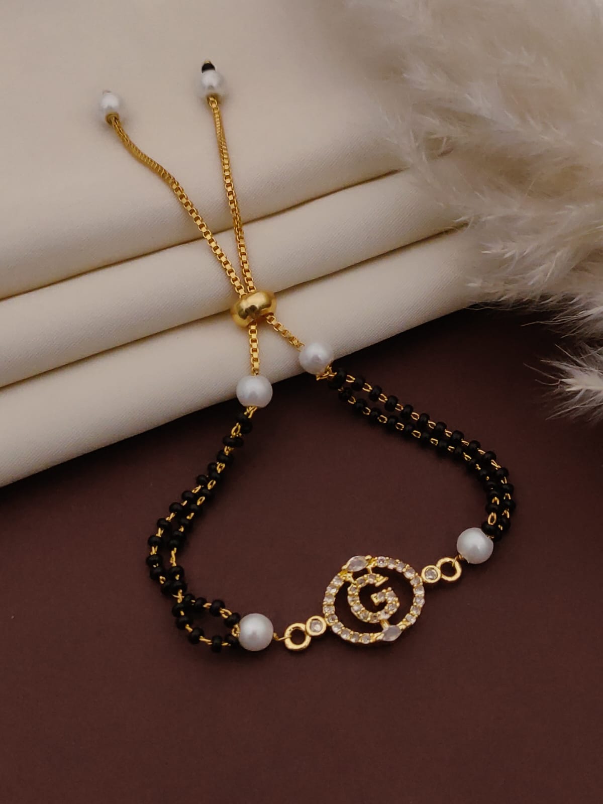 Mangalsutra Bracelet – Gold Toned with Black Beads & Pearls