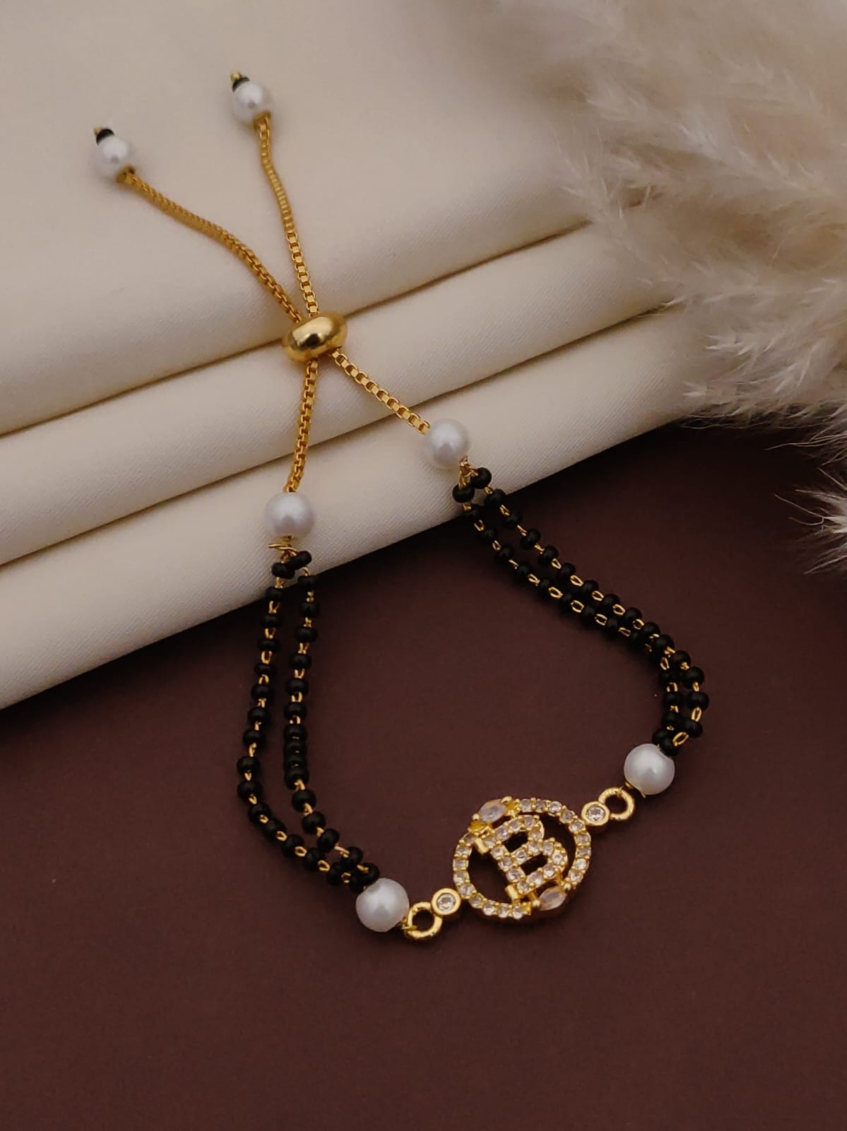Mangalsutra Bracelet – Gold Toned with Black Beads & Pearls