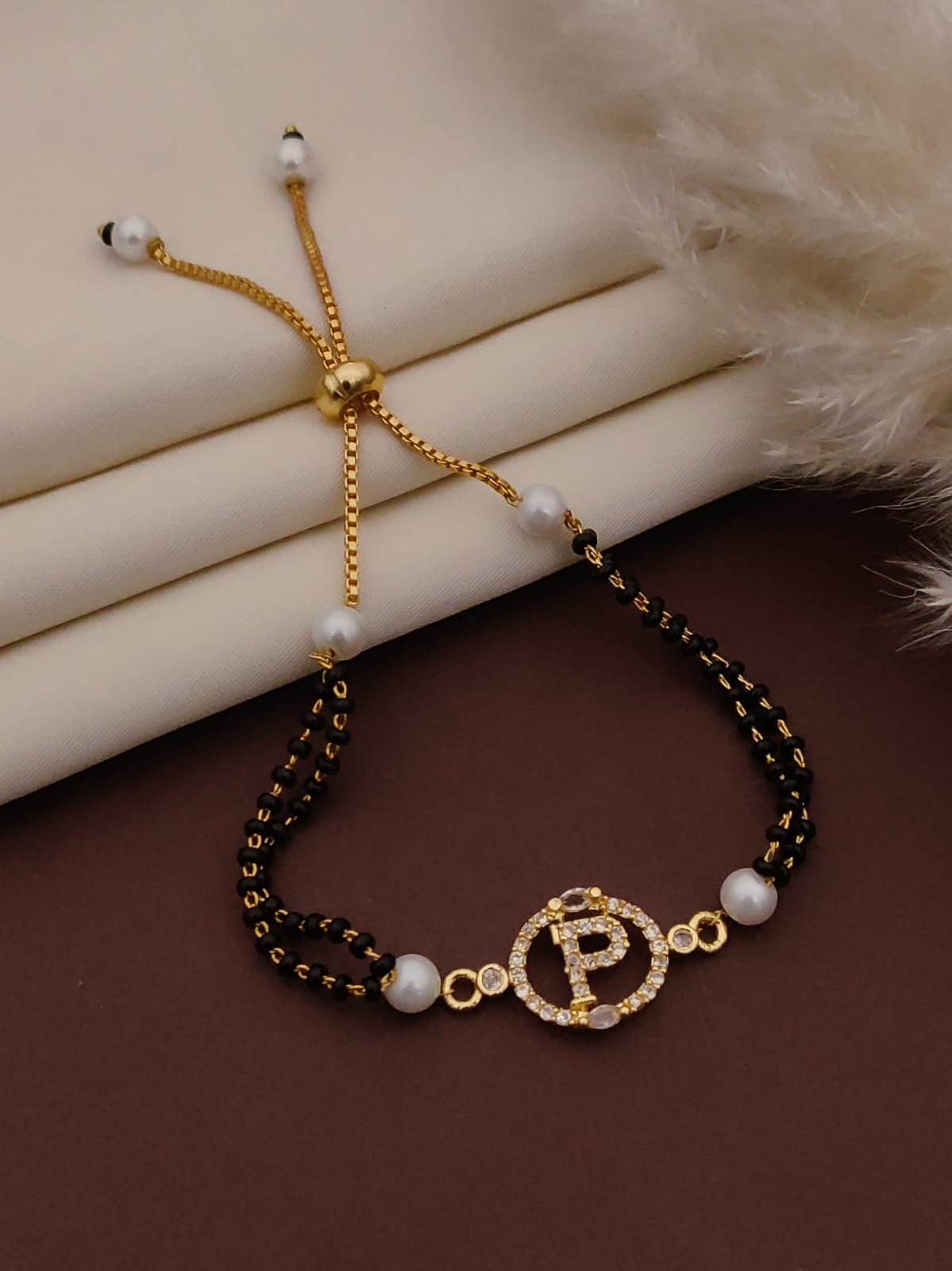 Mangalsutra Bracelet – Gold Toned with Black Beads & Pearls