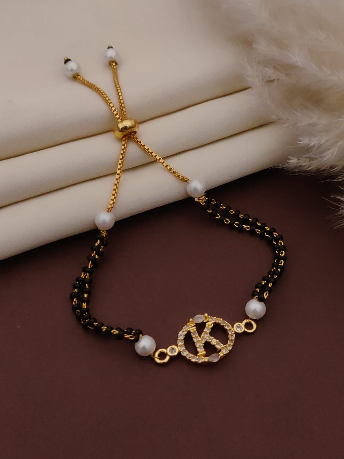 Mangalsutra Bracelet – Gold Toned with Black Beads & Pearls