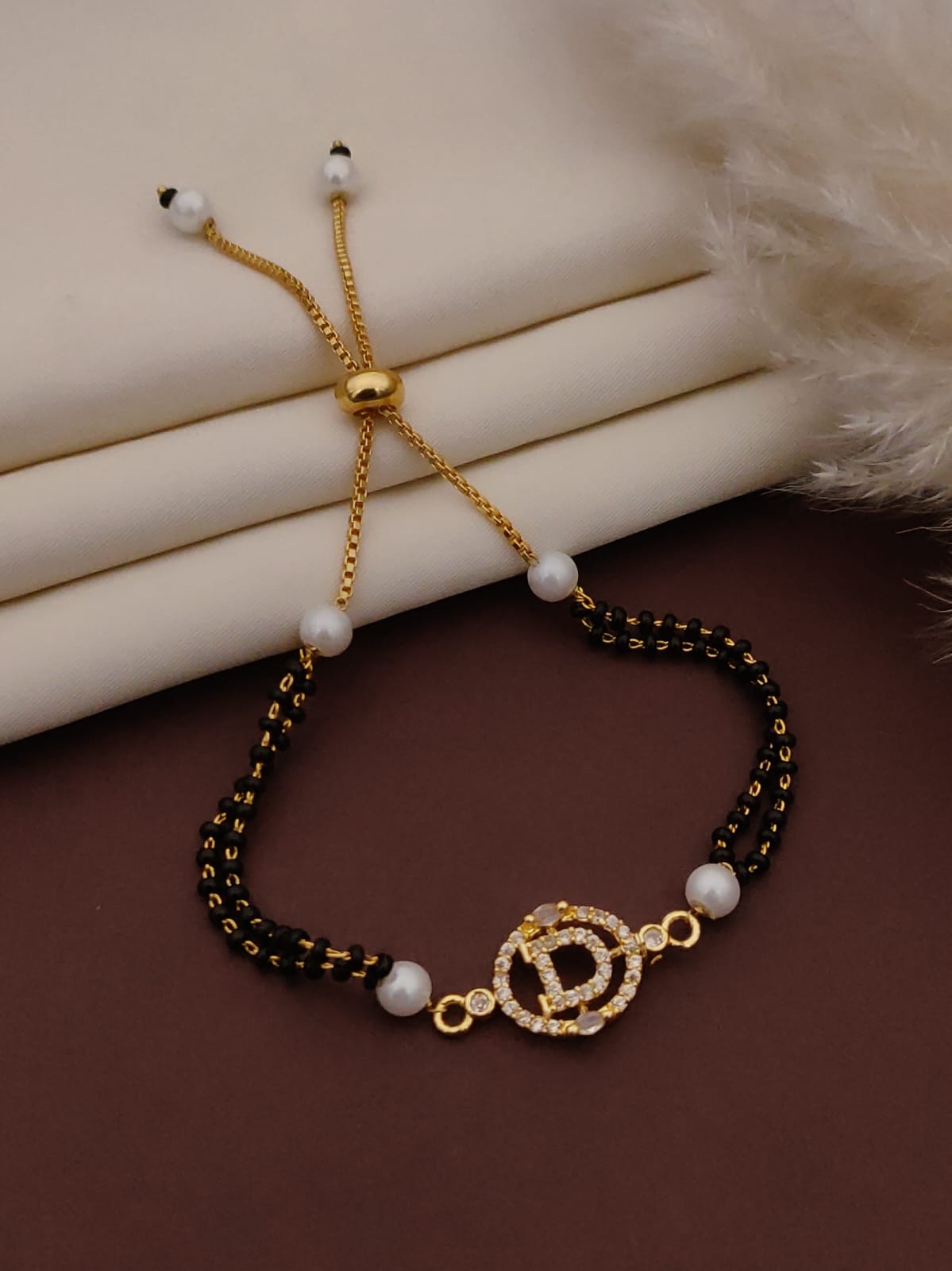 Mangalsutra Bracelet – Gold Toned with Black Beads & Pearls