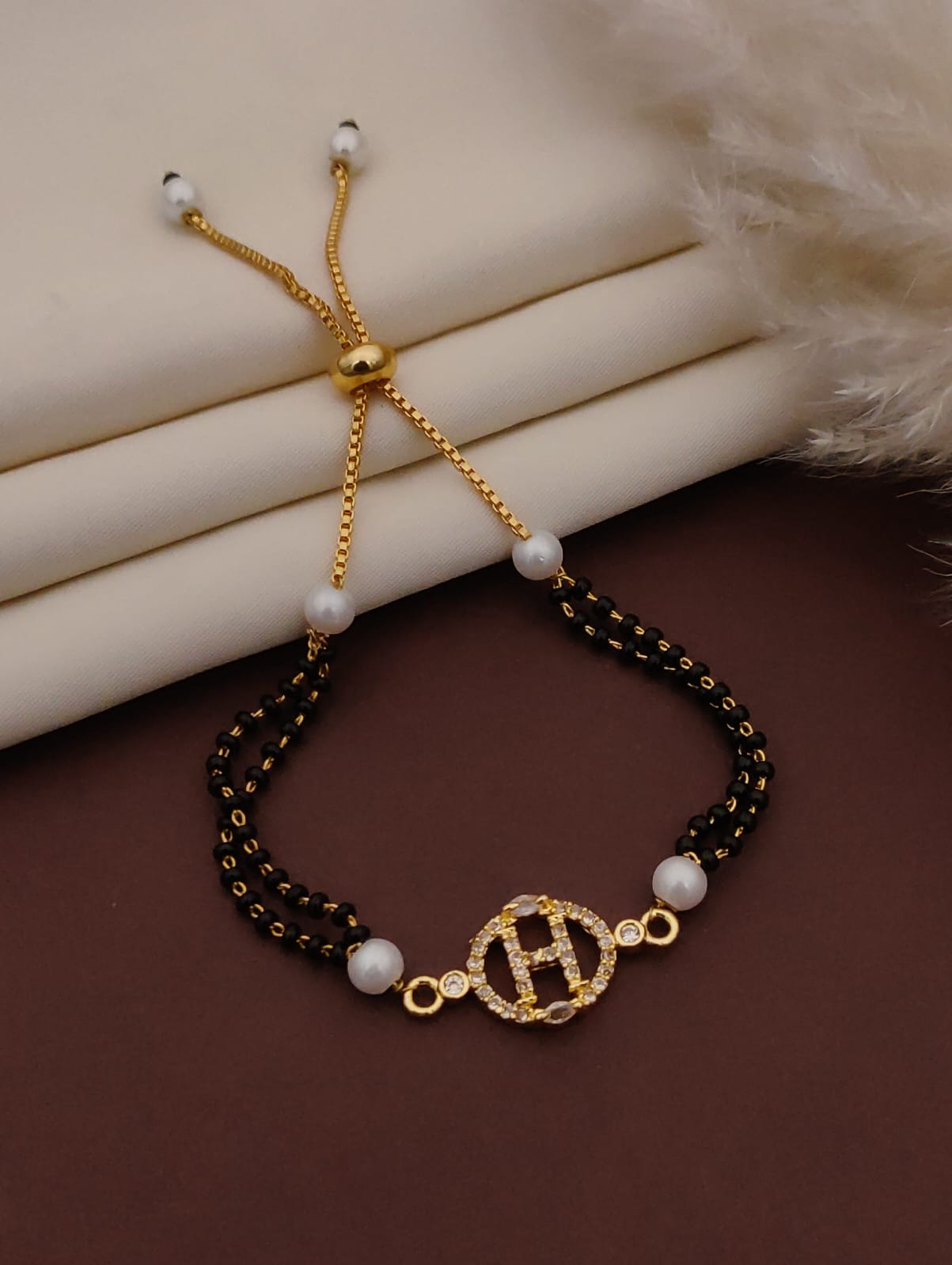 Mangalsutra Bracelet – Gold Toned with Black Beads & Pearls