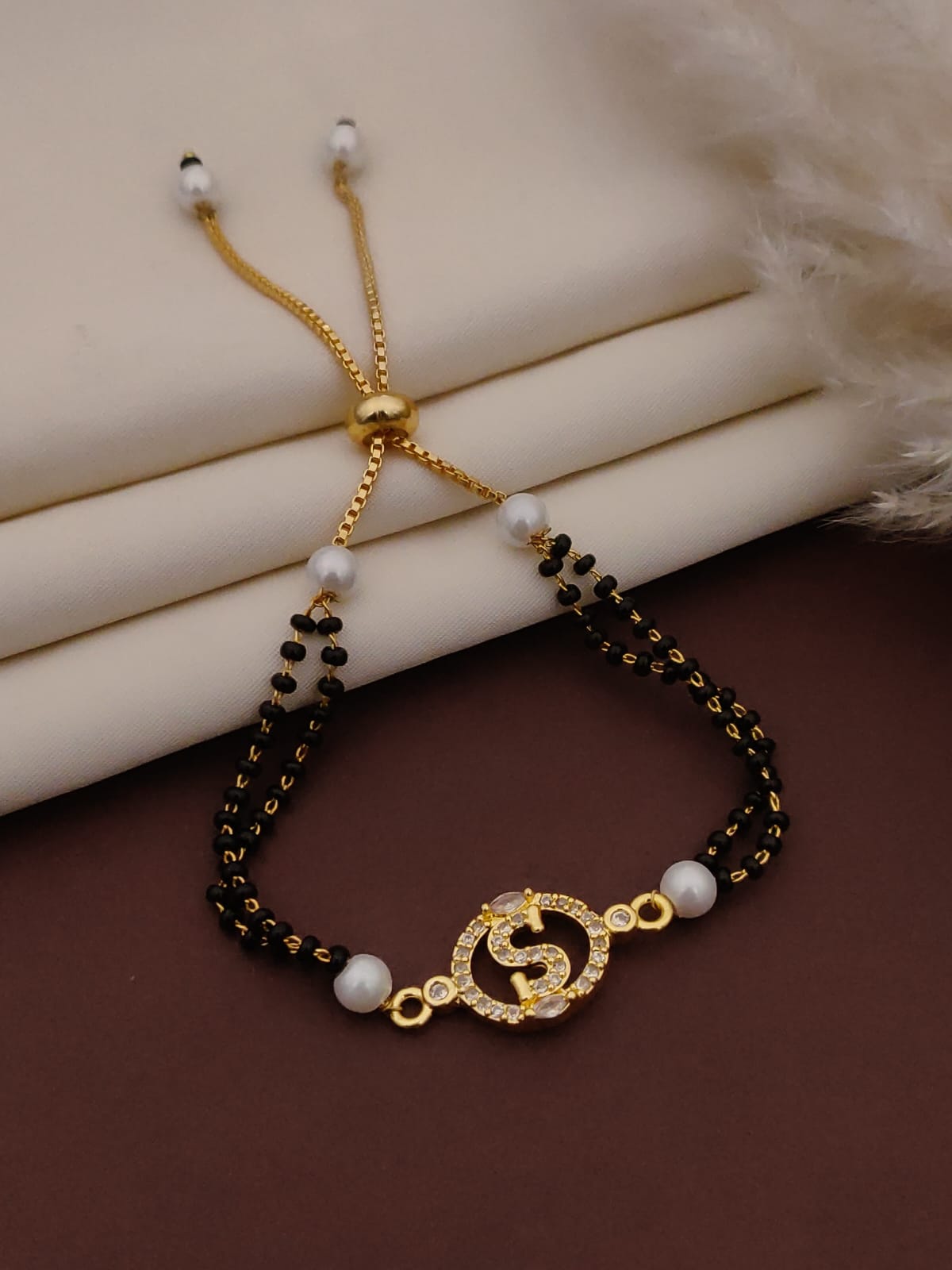 Mangalsutra Bracelet – Gold Toned with Black Beads & Pearls