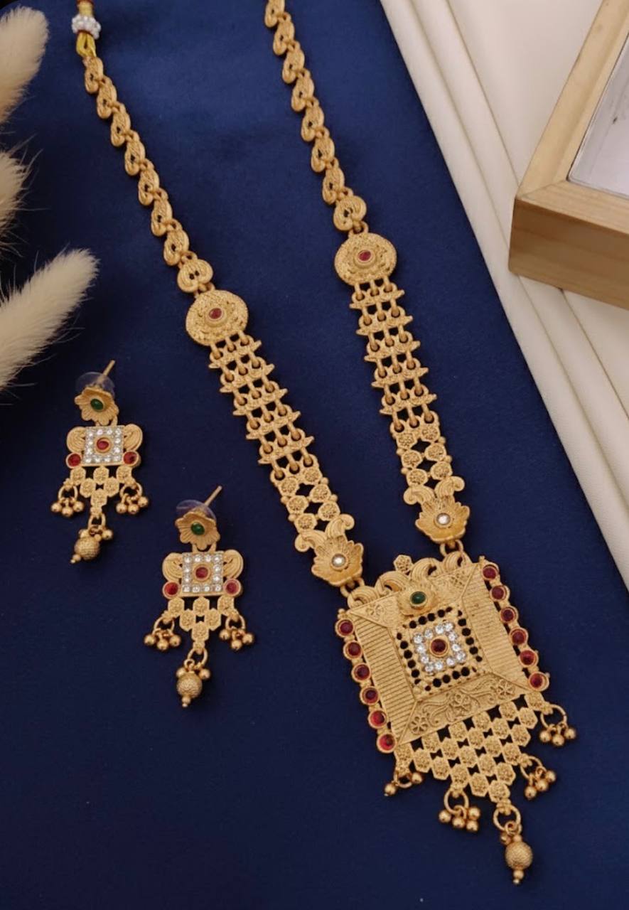 Aadhya Antique Gold-Toned Long Haram Set with Square Filigree Pendant