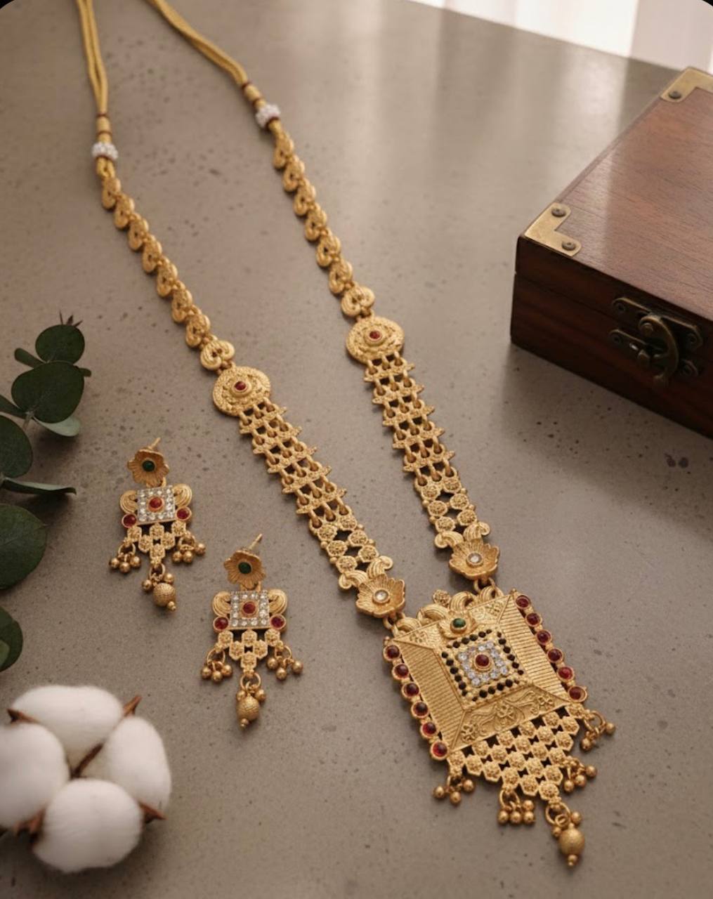 Aadhya Antique Gold-Toned Long Haram Set with Square Filigree Pendant