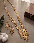 Aadhya Antique Gold-Toned Long Haram Set with Square Filigree Pendant