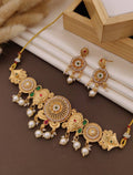 Virasat Temple-Style Matte Gold Choker Set with Kemp Stones & Pearl Droplets