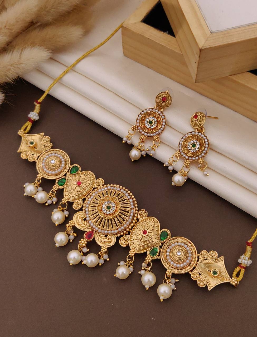 Virasat Temple-Style Matte Gold Choker Set with Kemp Stones & Pearl Droplets