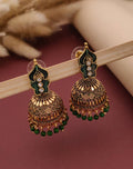 Antique Gold-Tone Meenakari Jhumka Earrings with Emerald Green Accents