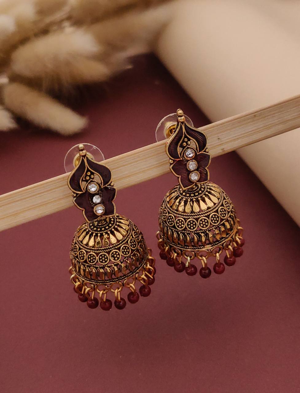 Antique Gold-Tone Meenakari Jhumka Earrings in Royal Maroon