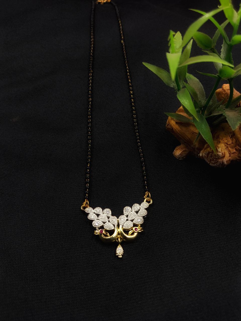 Twin Peacock American Diamond Mangalsutra with Floral Filigree Pendant