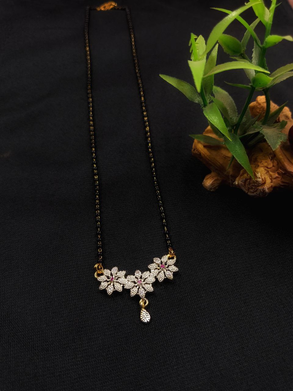 Triple Floral Diamond-Studded Mangalsutra with Ruby Accents
